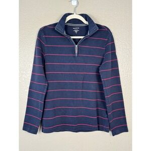 Banana Republic Women's Quarter Zip Pullover Navy Red Stripe Elbow Patch M